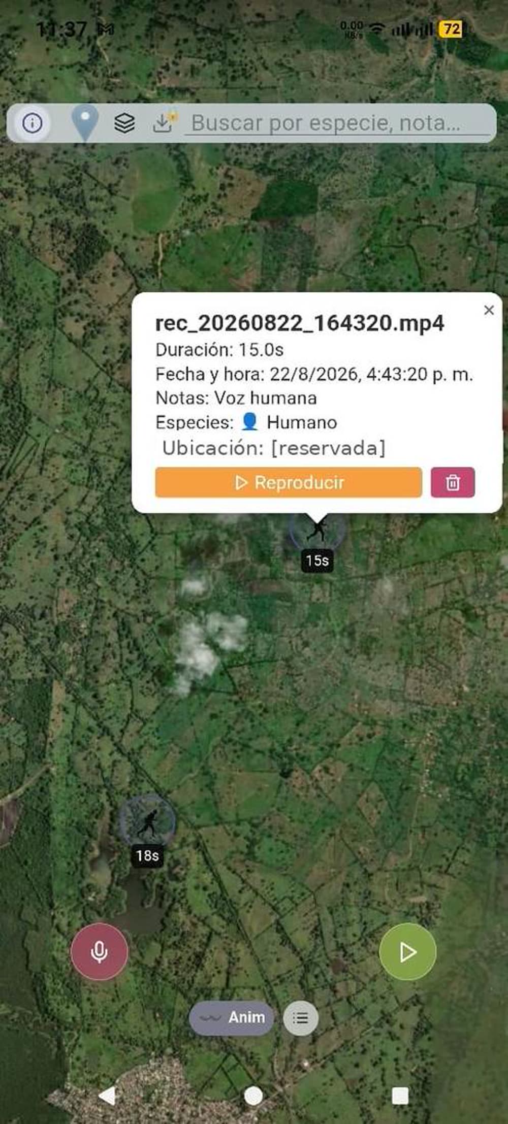 Aplicación de registro georreferenciado en campo: cada grabación queda con fecha, duración, nota y especie. La