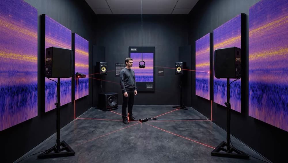 Simulación de montaje de la instalación multicanal en sala: espectrogramas proyectados, sistema envolvente de 